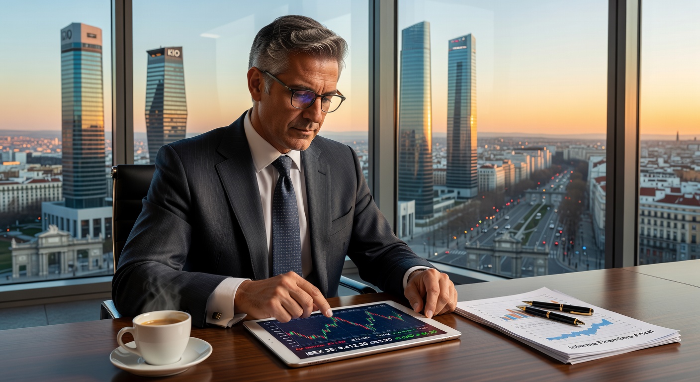 Hombre de negocios revisando informes financieros en Madrid